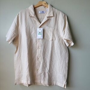 Original Penguin Mens Camp Shirt Large L Short Sleeve Button Up Birch Beige